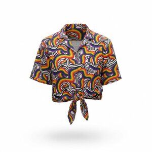 Spencer’s Rainbow Psychedelic Tie Front Crop Shirt Retro Festival Top M